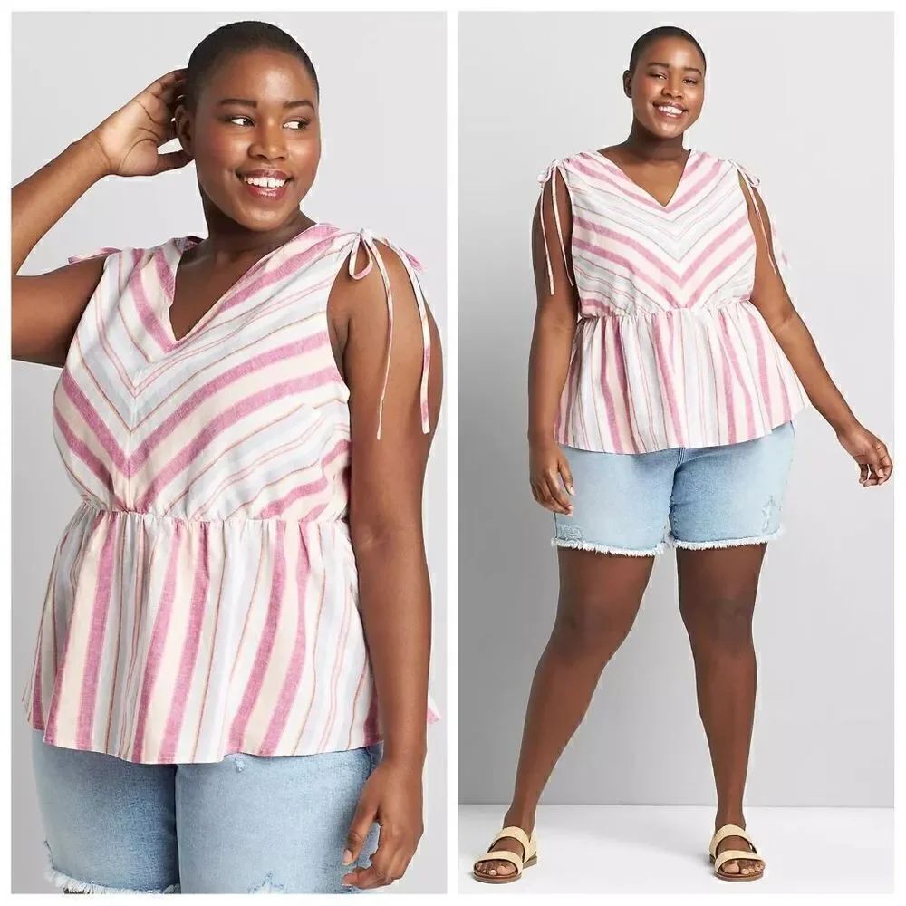 Lane Bryant Striped Tie-Shoulder Linen Blend Top Size 18/20